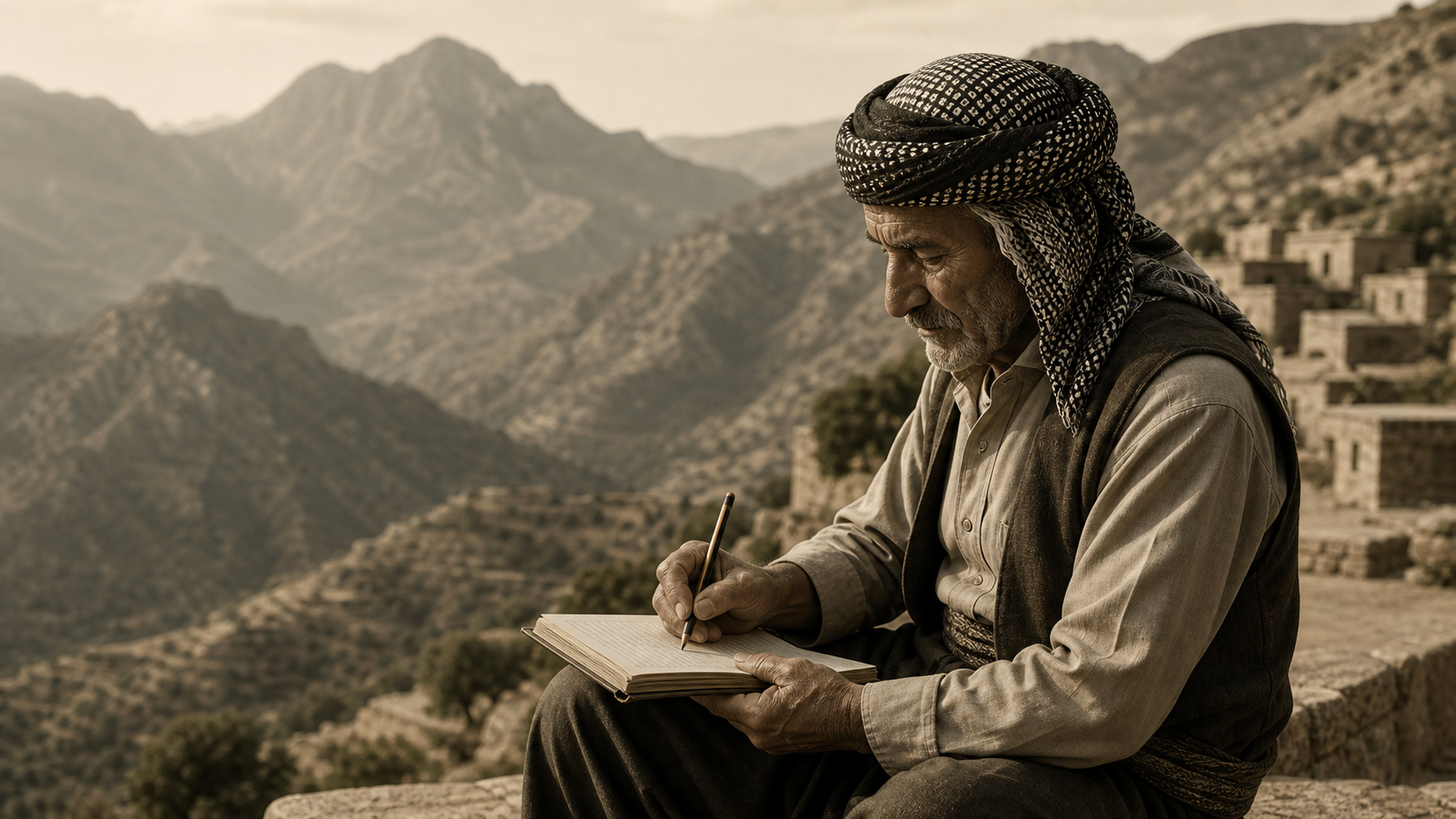 Elder Kurdish writer documenting language in a notebook